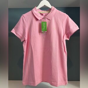 NWT Lilly Pulitzer Pink Polo Shirt. Sz XL. Lime green palm tree detail. New!